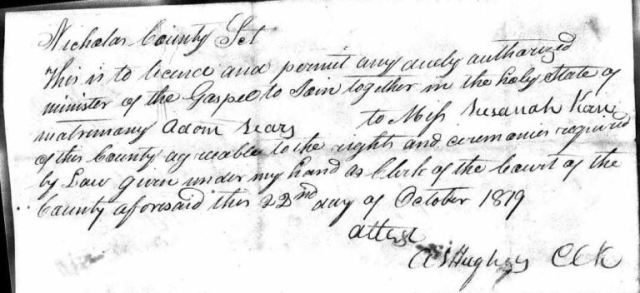 Kentucky Marriage Permit, 1819, Nicholas County, Sears, Kern