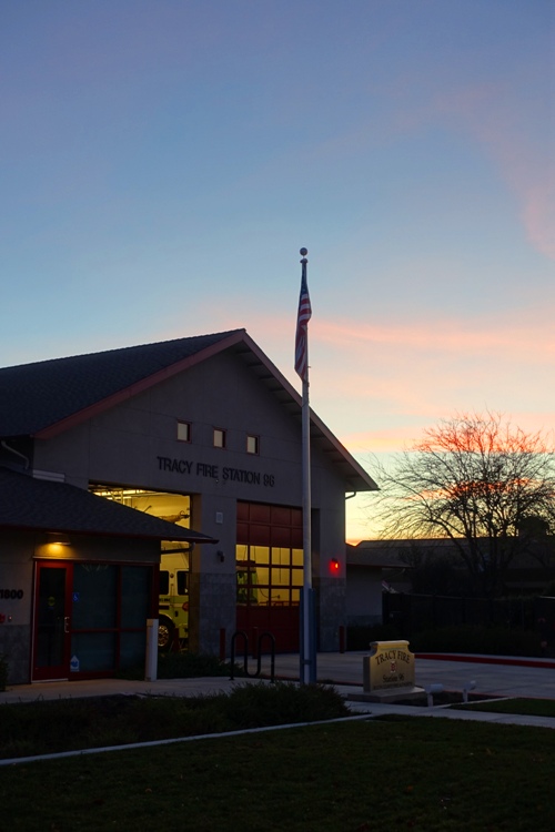 Fire Station, Flag, Tracy, California, Sunset