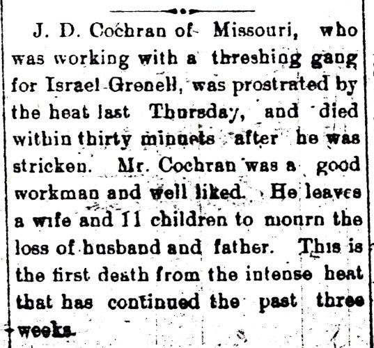 Death Notice, Lorenzo Dow Cochran, Hays Kansas, Harvester