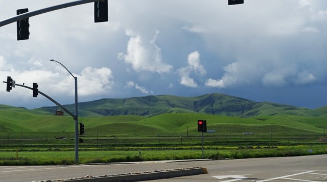 Patterson Hills, Storm Clouds, stoplight, green hills