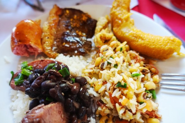 Lunch, beans and rice, meat, banananas