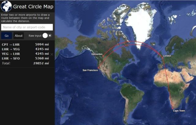 Flight paths, great circle map, 9/11 flights