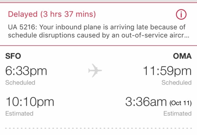 late flight, SFO, OMA, delays