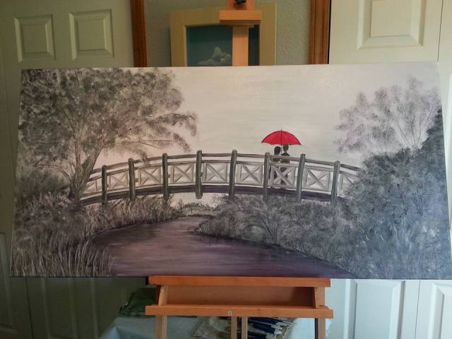 Woerlitzer Bridge, Germany, umbrella on bridge, red umbrella