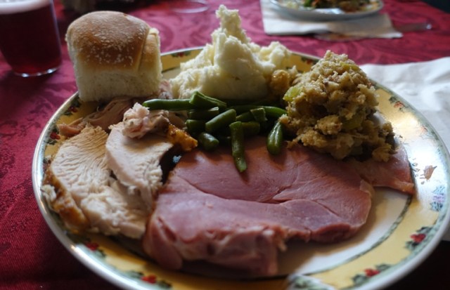 ham, mashed potatoes, green beans, turkey, rolls