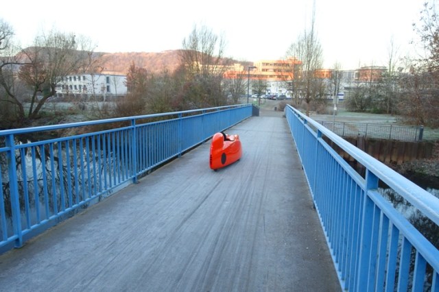 frost on bridge, small car, orange car, blue bridge, frosty morning, germany