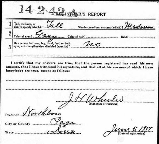 WWI draft card, registration, WWI