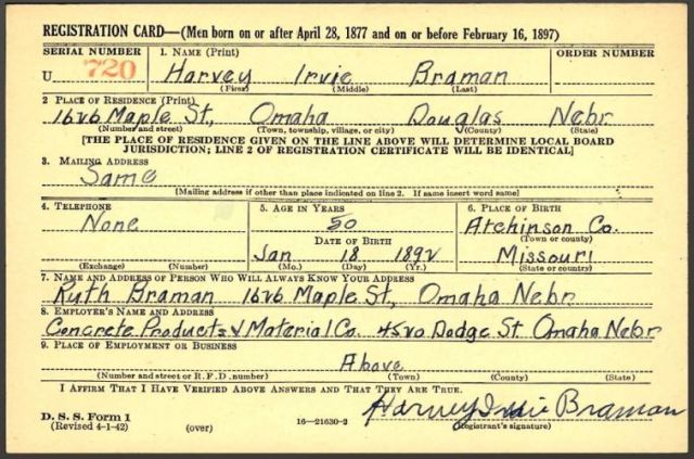 Draft Registration Card, WWII, Draft