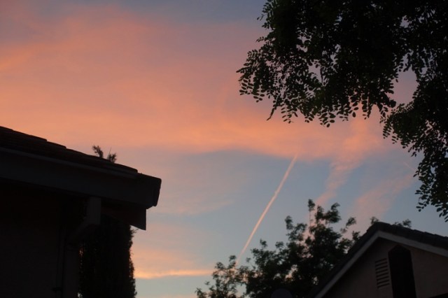 sheltering in place, dusk, sunset, contrails, silhouettes