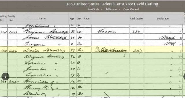 darling, hotchkiss, cape vincent, new york, genealogy, census 1850