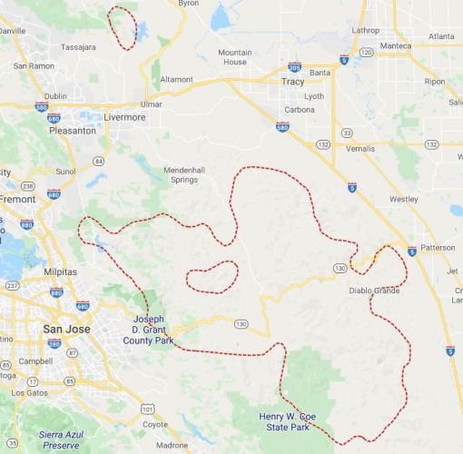 Fire outlines, SCU Lightning Complex Fires, California, Livermore Hills