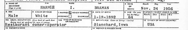 Harvie Braman, death certificate, council bluffs, Jennie Edmunson, restaurant owner