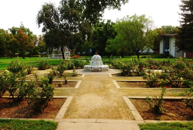 Tracy Community Rose Garden, rose paths, sculpture