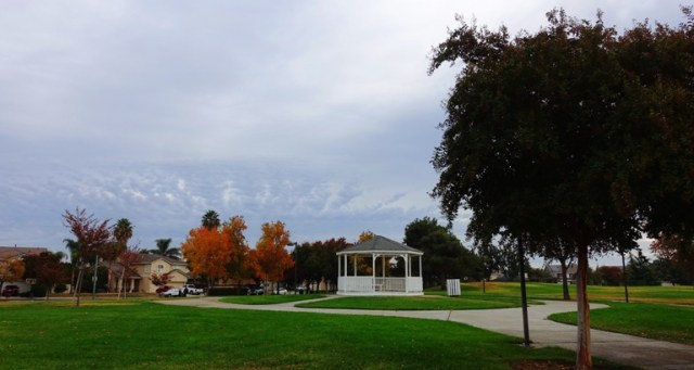 park, gazebo, autumn, fall, clouds, rain
