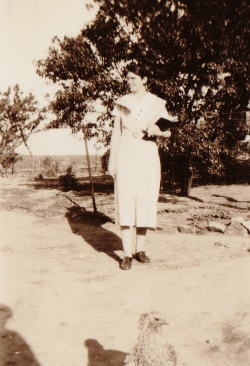 chicken, grandma, teenager, barnyard, old-time photography