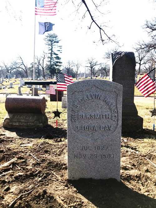 Silas Calvin Ramsey, Civil War, Blacksmith, Iowa Cavalry, Woodland Cemetery, Gravestone