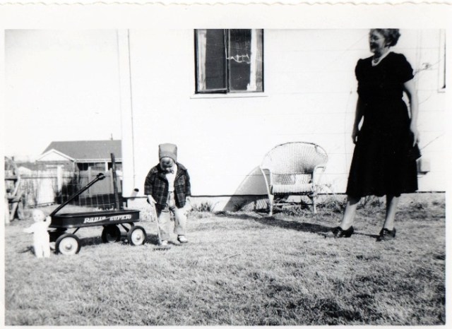 girl, doll, wagon, grandma, lawn