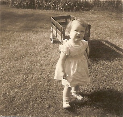 wagon, girl in dress, little girl, empty wagon