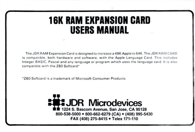 16K Ram Expansion, JDR Microdevices, Apple II, Apple, memory, memory card