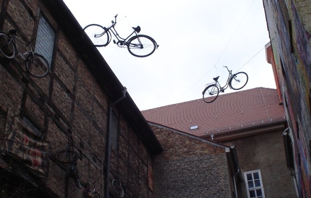 bike sculpture, jena, germany, bikes in sky