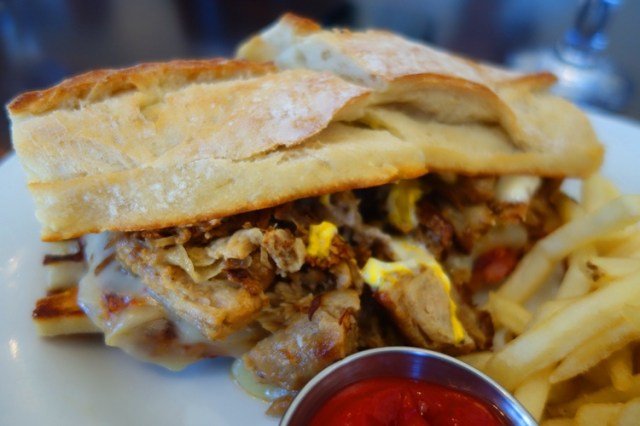 Cuban sandwich, ham, bacon, mustard, salami, pickle, swiss cheese