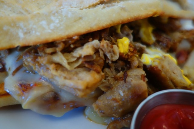 Cuban sandwich, ham, bacon, mustard, salami, pickle, swiss cheese