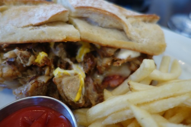 Cuban sandwich, ham, bacon, mustard, salami, pickle, swiss cheese