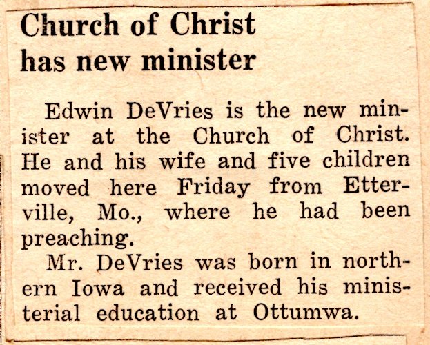 Hamburg Iowa, Hamburg church of christ, minister, Edwin DeVries, Ottumwa