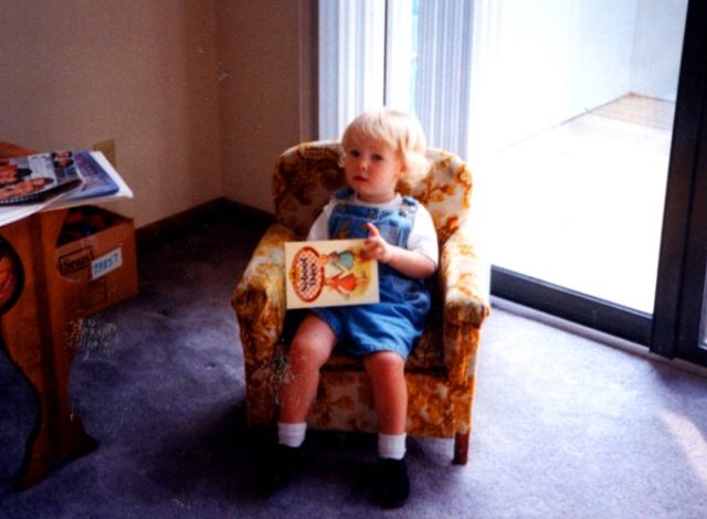 chair, books, cousin